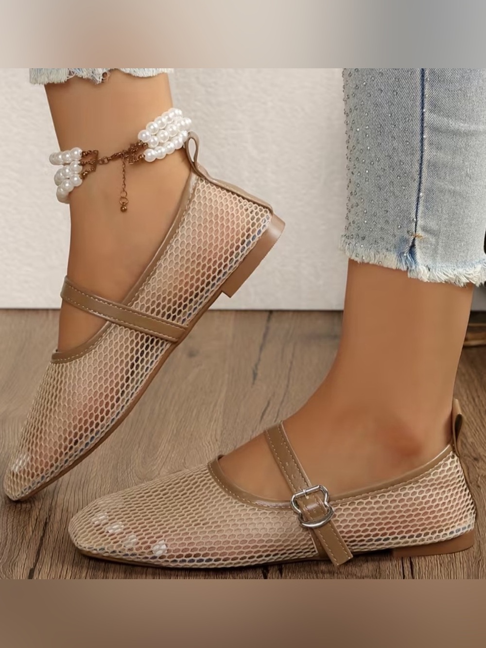 Women’s Tan Mesh Mary Jane Flats
